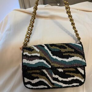 Beaded Zebra-Print Shoulder Bag in Black & Teal